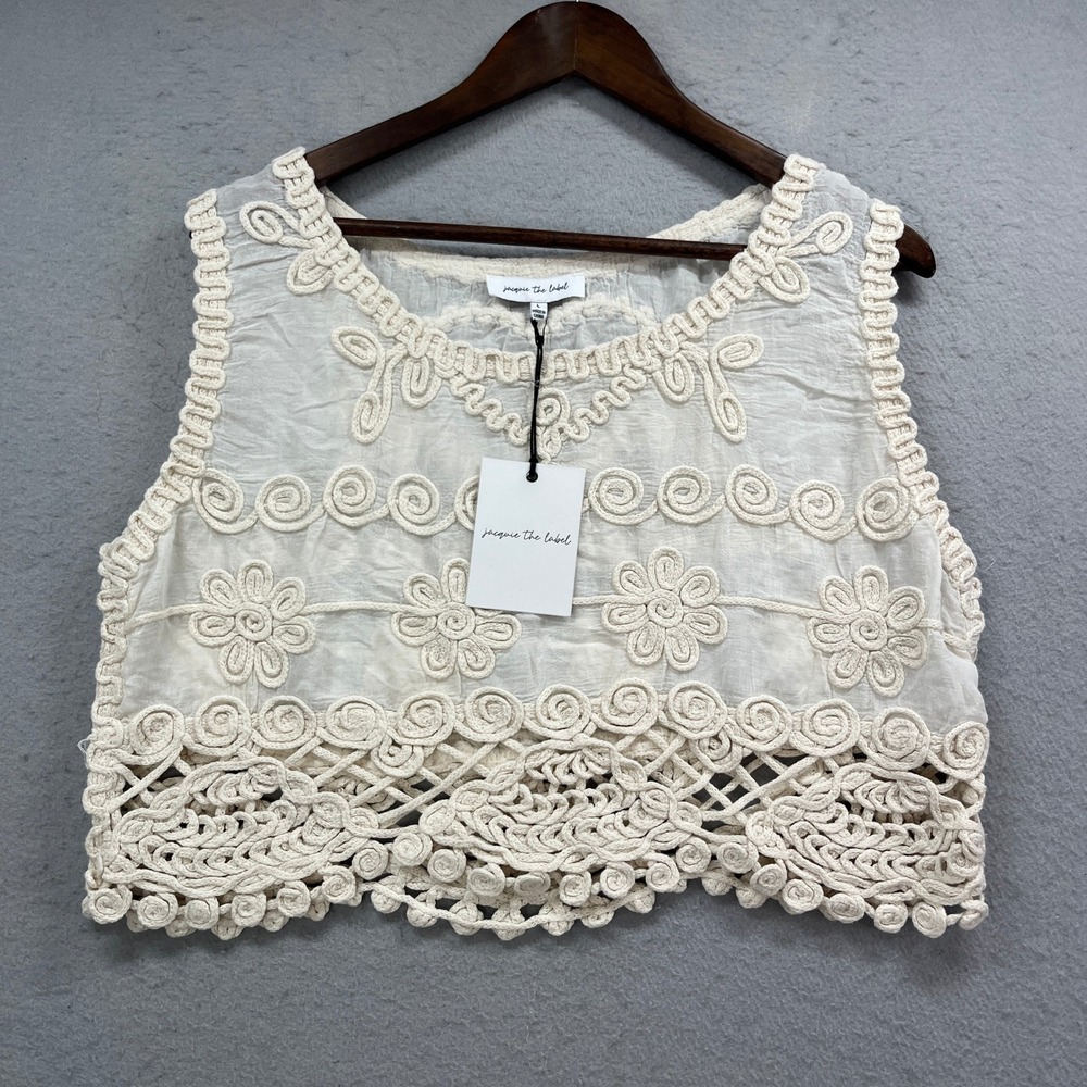 Jacquie The Label Crop Top Women L Off White Cotton Crochet Boho Floral Summer